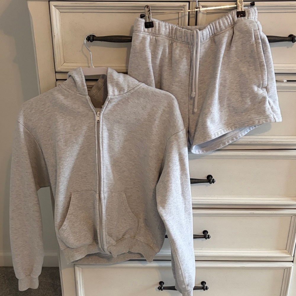 SKIMS Gray Zip-Up Hoodie and Shorts Set
